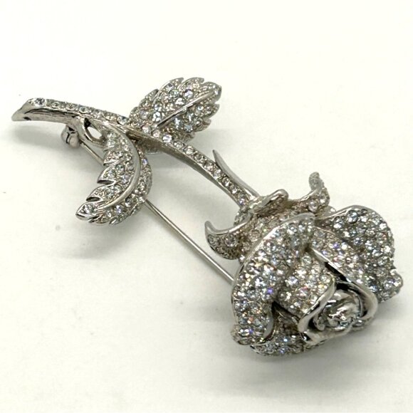 Nolan Miller Rose Brooch, 2002 Anniversary Silver-tone Pave Crystal Rhinestones. - Picture 3 of 16